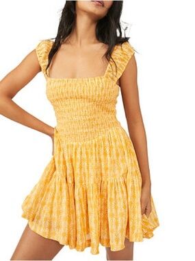 Nwot Free People Bright Yellow Smocked Square-Neck Mini Dress